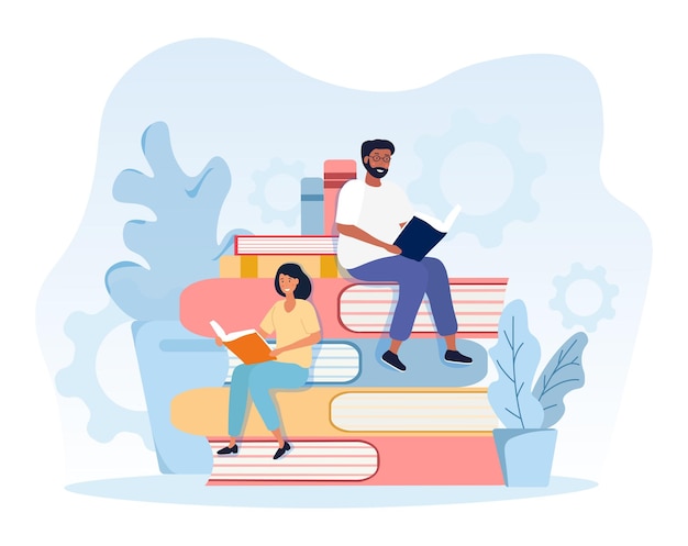 Young man and woman in glasses are reading together sitting on stack of big books concept of