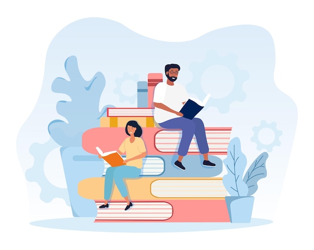 Vector young man and woman in glasses are reading together sitting on stack of big books concept of