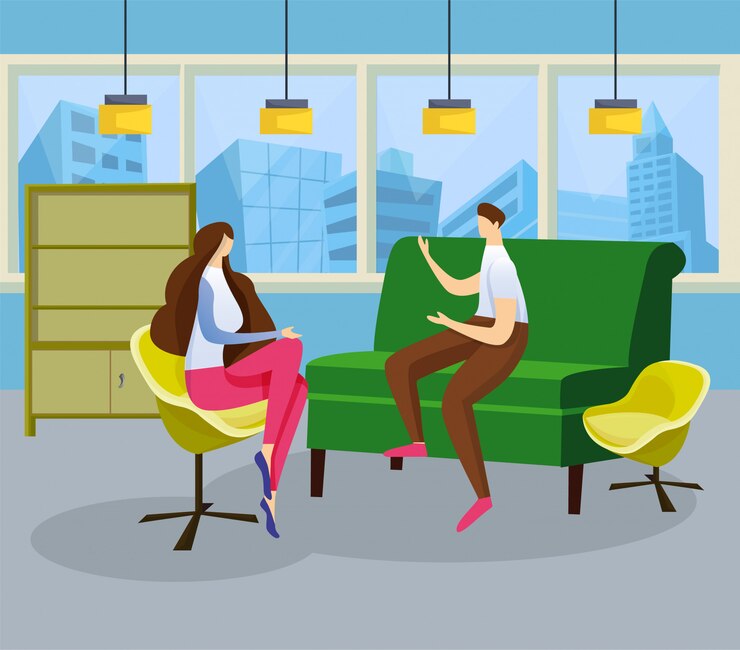 Vector young man and woman have warm conversation meeting