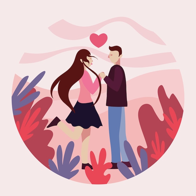 Vector young man and woman holding pieces of heart that is matching love couple match valentine's day soulmate heart jigsaw date or blind date flat vector illustration character