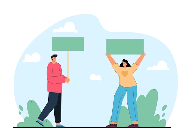 Young man and woman holding placards in hands. People organizing demonstration or meeting flat vector illustration. Human rights struggling concept for banner, website design or landing web page