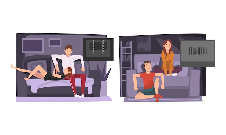 Vector young man and woman at home sitting on sofa and watching movie together vector set