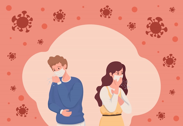 Young man and woman infected with coronavirus flat illustration. people in medical face masks have a cough, surrounded by covid-19 cells. sick persons having cold.