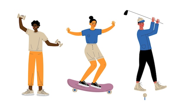 Young Man and Woman Lifting Dumbbell Skateboarding and Playing Golf Vector Set