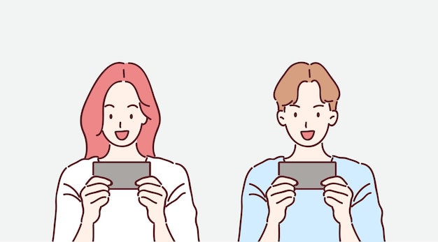 手で携帯電話を見ている若い男性と女性。手描きスタイルのイラスト