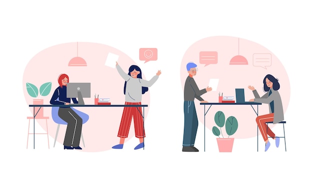 Молодой мужчина и женщина, работающие в офисе, занимаются векторной сценой рабочего процесса
