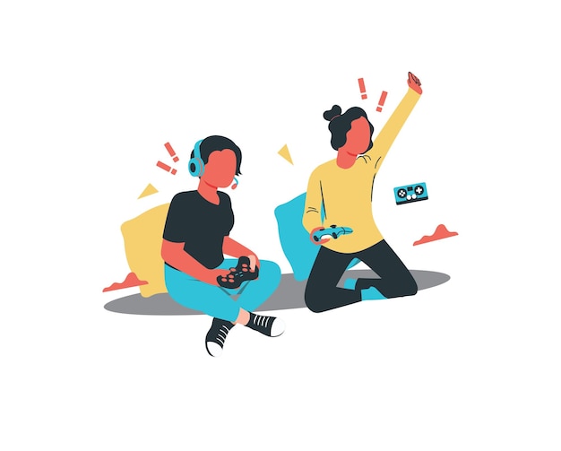 Vector young man and woman playing video games together flat vector illustration