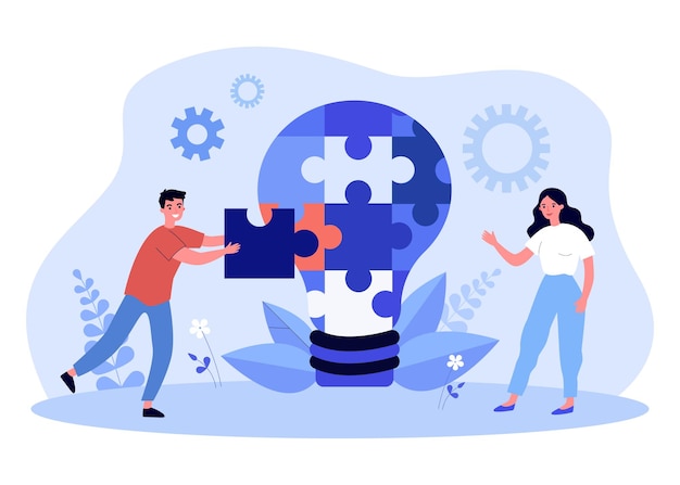Young man and woman putting together puzzle into light bulb. flat vector illustration. creative people working on common idea, project, implementing it. teamwork, project, business, creativity concept