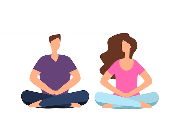 Vector young man and woman relaxing and meditating in yoga pose