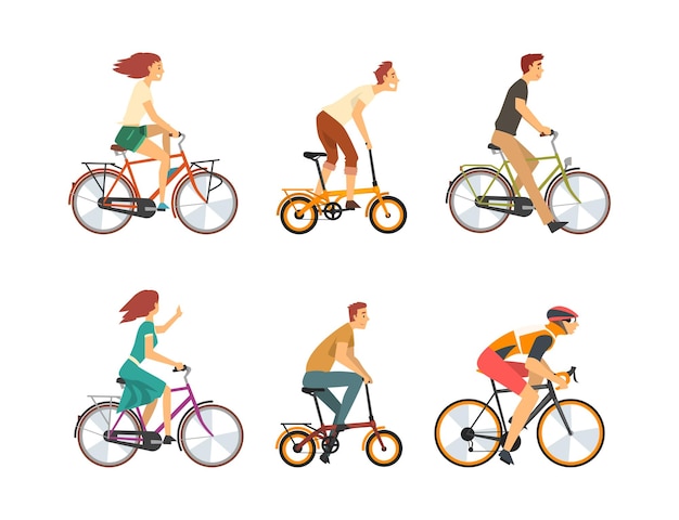 young man and woman riding bicycle enjoying vacation or weekend activity vector set