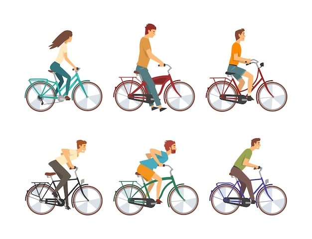young man and woman riding bicycle enjoying vacation or weekend activity vector set