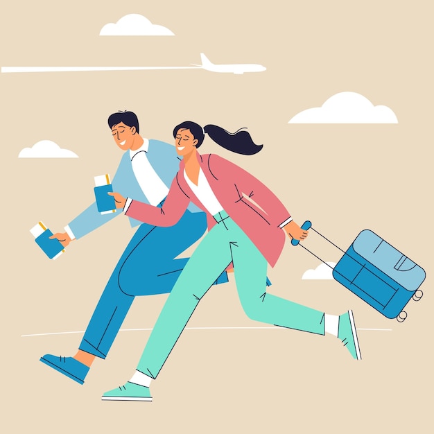 Vector young man and woman in rush to boarding