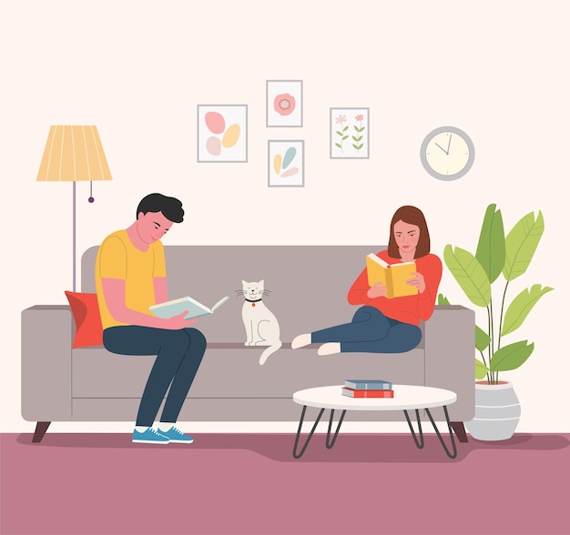 Young man and woman sitting on the couch with books