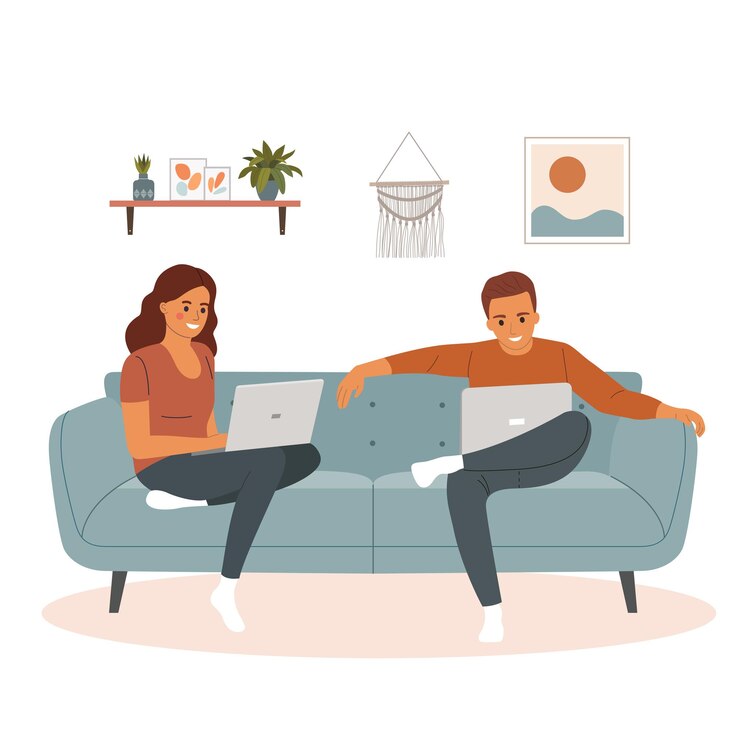 Vector young man and woman sitting on the couch with laptop. vector flat style cartoon illustration
