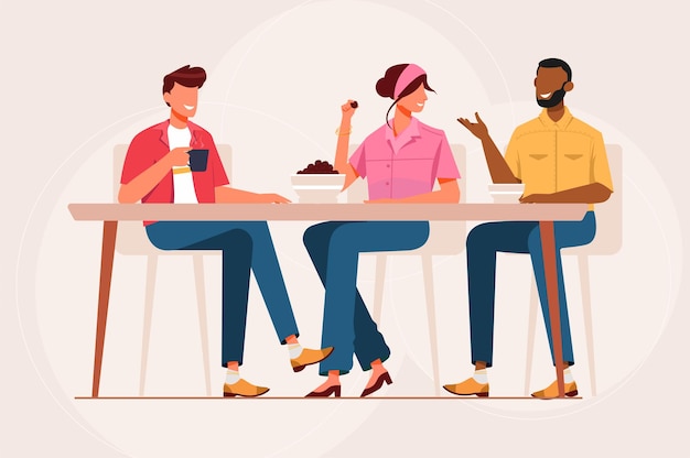 Vector young man and woman sitting and eating together vector illustration friendly hangout vector concept