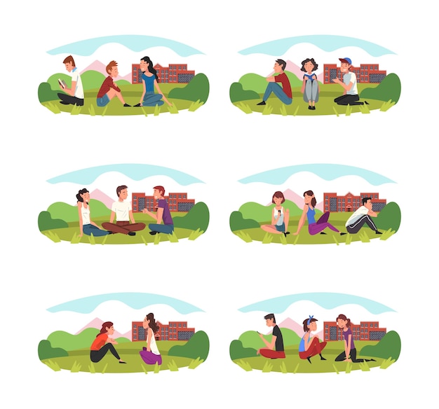 young man and woman students sitting on green lawn near campus vector set