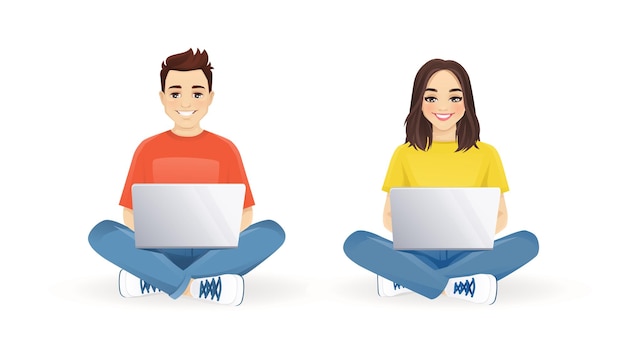 Young man and woman using laptop computer sitting with crossed legs set isolated vector