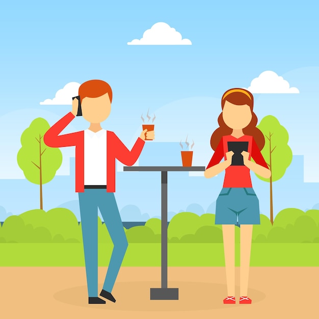 Vector young man and woman using smartphones while standing at table in cafe outdoors gadget addiction