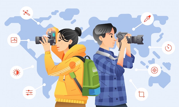 Young man and women taking picture with digital camera with icon around them and world map as background. used for poster, website image and other