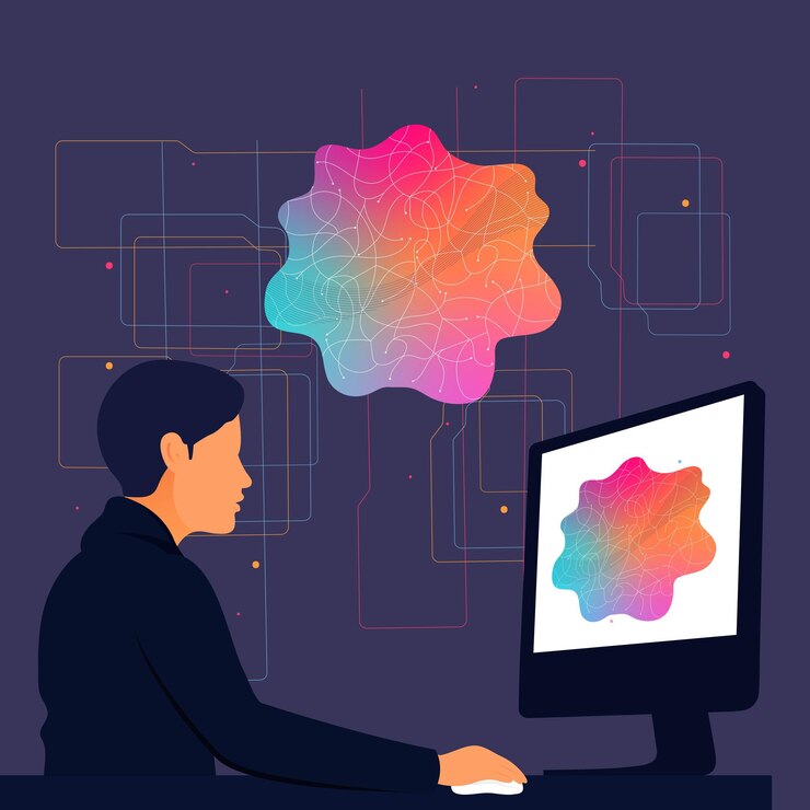 Vector young man working as a graphic designer on his computer on abstract purple background