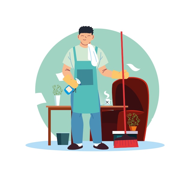 Vector young man working in cleaning service spaces desing