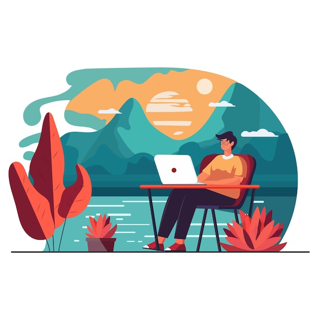 Young man working on computer Business people sitting at office desk Flat design vector