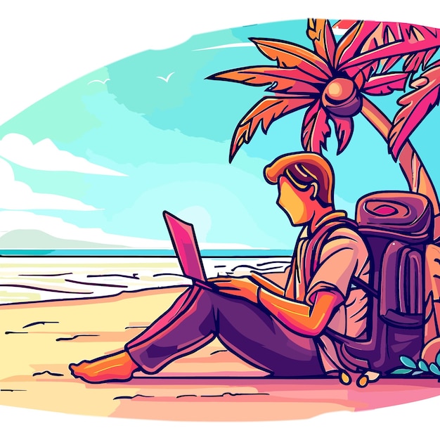 A Young man working on computer creating content sit on the beach