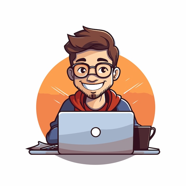 Young man working at his laptop Vector illustration in cartoon style