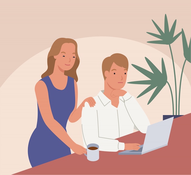 Vector young man working on his laptop while girl bringing coffee. illustration in a flat style