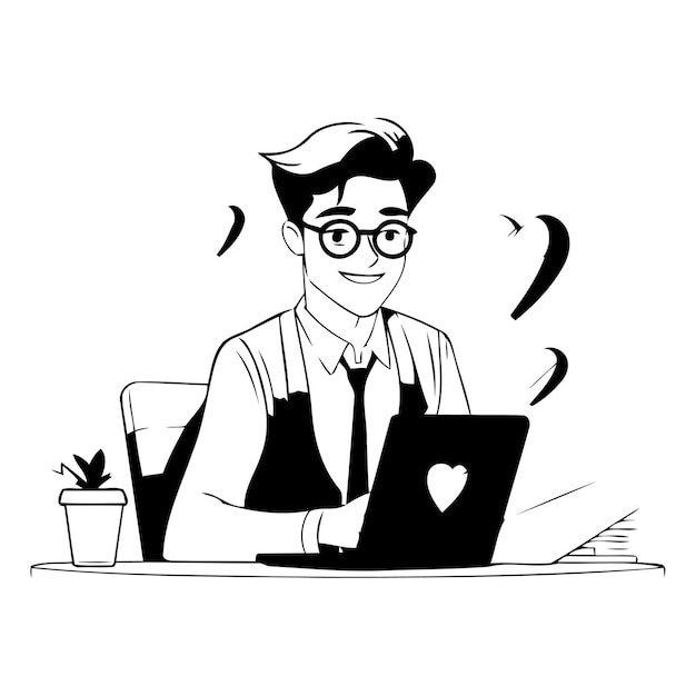 Young man working on laptop computer in office Vector cartoon illustration