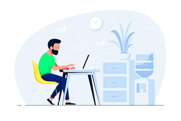 Young man working on laptop at the desk in office. flat style illustration