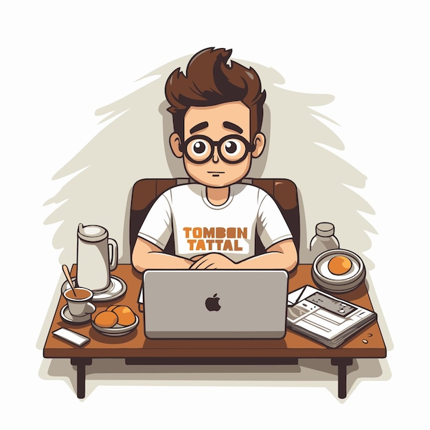 Vector young man working on laptop at home vector illustration in cartoon style