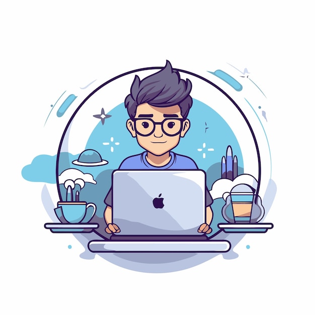 Vector young man working on laptop at home vector illustration in cartoon style