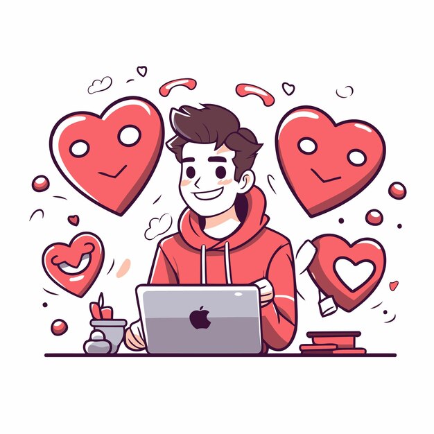 Young man working on laptop with hearts around him Vector illustration