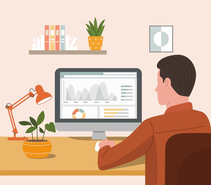 Vector young  man working with a computer