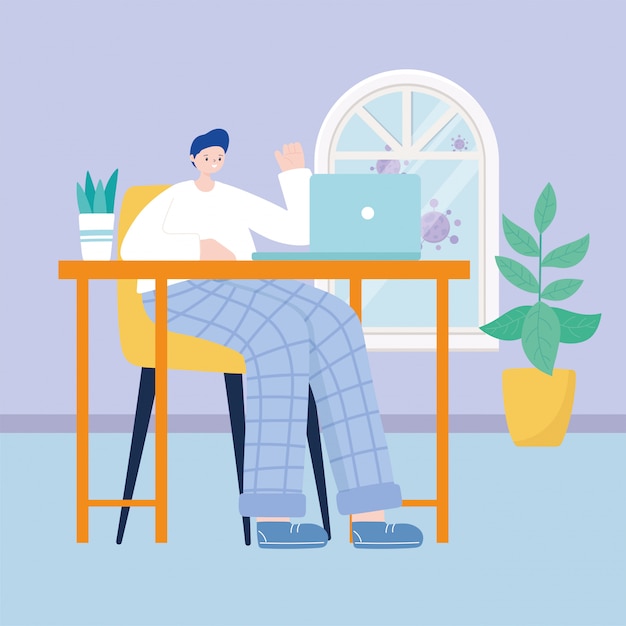 Vector young man working with laptop on desk in room home  illustration