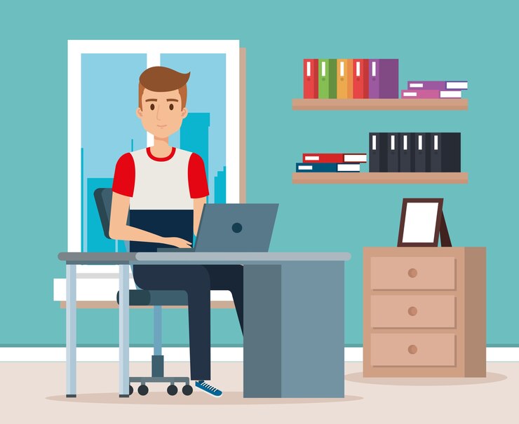 Vector young man in the workplace scene