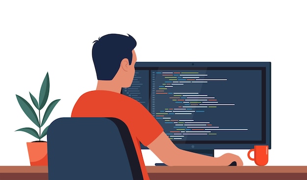 Vector young man writing code on a desktop computer software developer at work programming