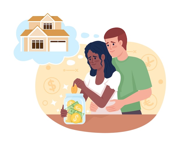 Young married couple saving for house 2D vector isolated illustration