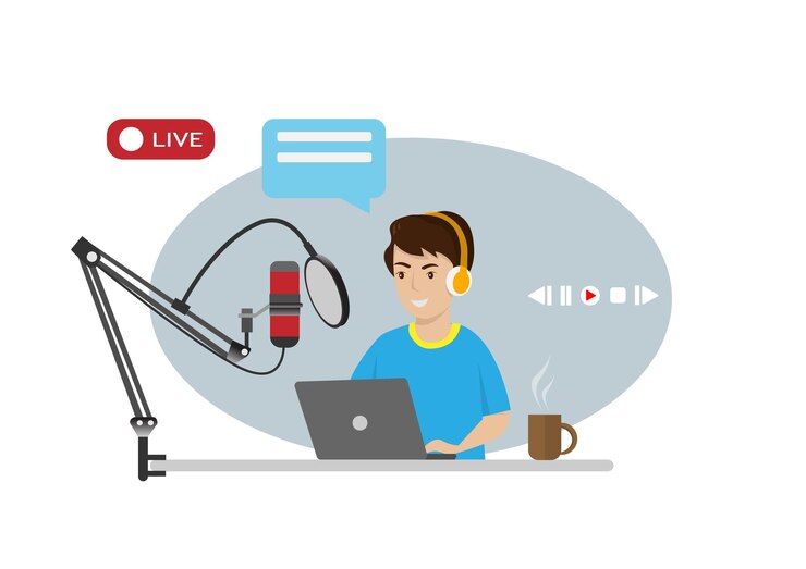 वेक्टर young mc he held a live broadcast flat style cartoon illustration vector