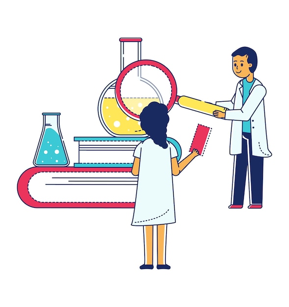 젊은 의사 분석 남성 여성 캐릭터 과학 수사관 라인 평면 벡터 일러스트 레이 션...