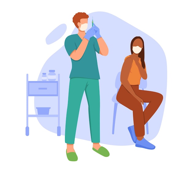 Young medical worker in uniform standing in hospital holding syringe and prepare injection American lady waiting for treatment Flat vector illustration in green and blue colors