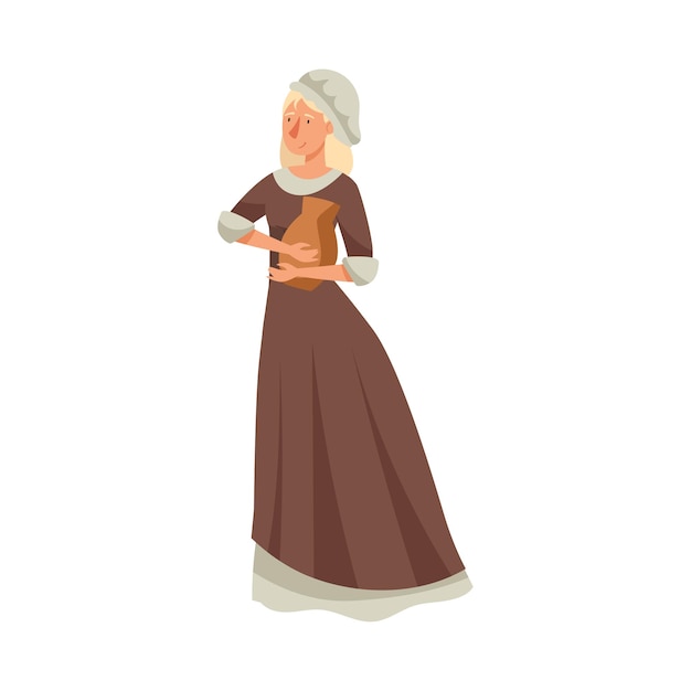young medieval female peasant carrying jar of milk vector illustration