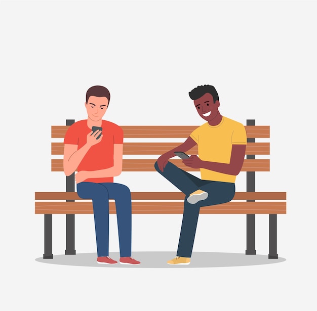 Young men are sitting on the bench with smartphones.  flat cartoon style illustration