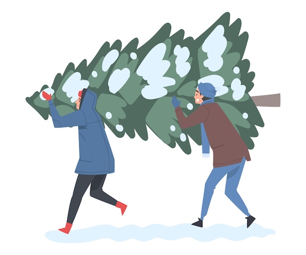 Vector young men carrying christmas tree together guys preparing for holiday celebration merry xmas and new year concept cartoon style vector illustration