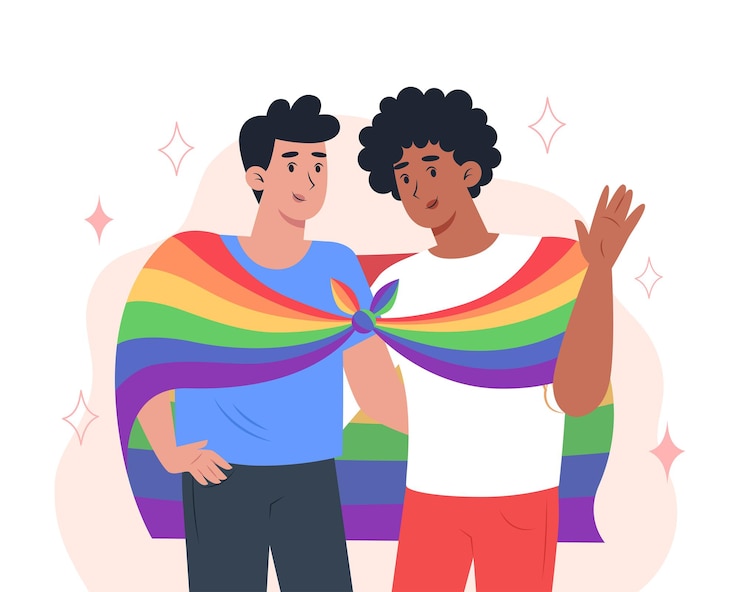 Vector 若い男性のカップルはお互いを抱きしめ、虹のlgbtプライドフラグを保持します
