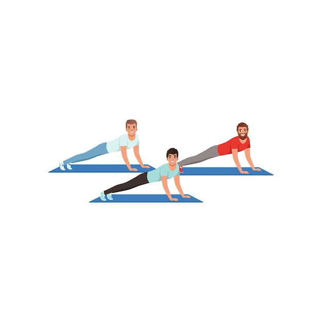 Vector young men doing plank exercise or push ups cartoon guys in sportswear healthy lifestyle people in fitness center physical activity flat vector design