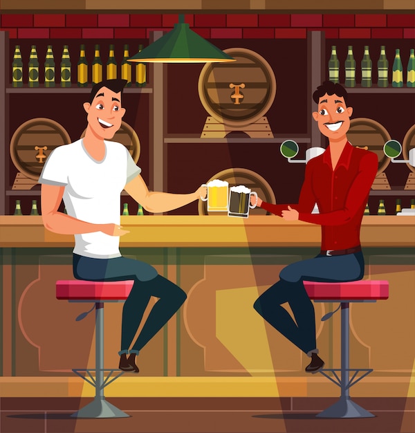 Vector young men drinking beer in pub illustration