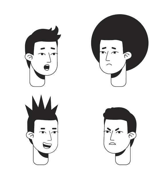 Young men expressing different emotions monochromatic flat vector character faces pack