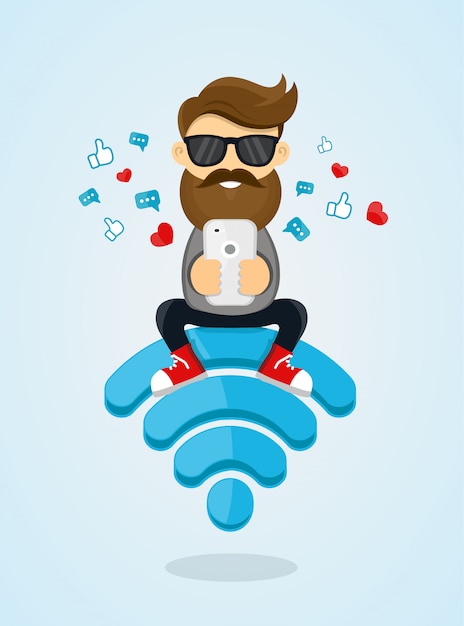 Carattere del tipo dei giovani che si siede sull'emblema di wi-fi e che per mezzo dello smartphone per internet. internet gratuito, hotspot, rete. illustrazione piatta invio di un messaggio tramite chat dallo smartphone